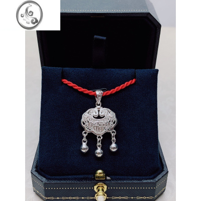 JiMi新款999银银长命锁大人宝宝吊坠镂空平安锁足银编绳项链毛衣鍊女