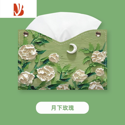 三维工匠车载轻奢风纸巾盒抽纸盒家用桌面纸抽收纳盒餐高级感纸巾盒油画￥ 月下白玫瑰-抽纸盒-优质版★