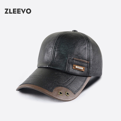 / 秋冬新款PU皮质棒球帽时尚拼接加绒中老年鸭舌帽子