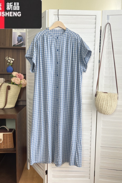 YIBUSHENG日系 文艺色织蓝色格纹圆领袍子宽松百搭叠穿连衣裙