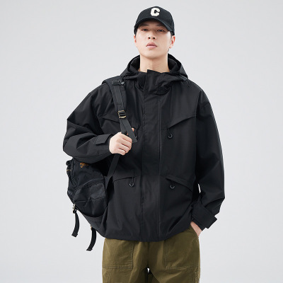 |春季冲锋衣新款工装夹克连帽日系户外男透气外套运动