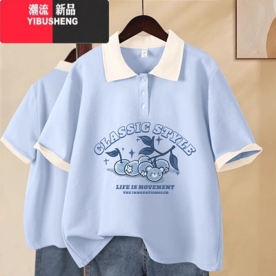 YIBUSHENG短袖t恤女2024新款学生polo领女生学生上衣宽松半袖体恤季女装