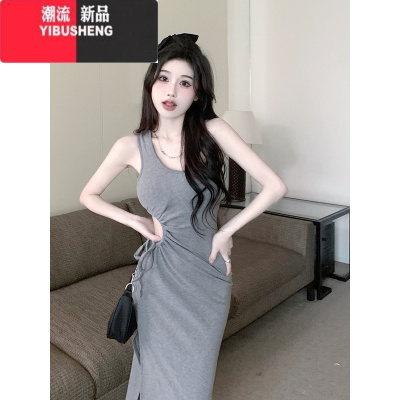 YIBUSHENG斜肩吊带连衣裙女季不规则开叉包臀裙纯欲辣妹性感别致收腰裙子