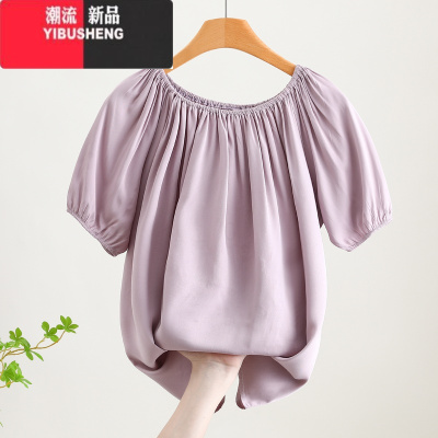 YIBUSHENG新款棉绸短袖衬衫女天大码百搭显瘦一字肩泡泡袖t恤人造棉上衣