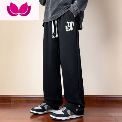 七斓排扣裤子男士夏季美式潮牌宽松垂感直筒卫裤款男生运动休闲裤