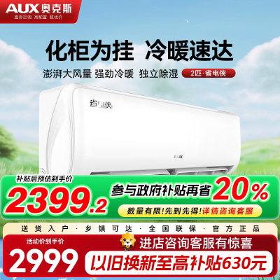 奥克斯(AUX)小2匹 新一级能效变频冷暖自清洁家用卧室壁挂式空调KFR-46GW/BpR3AQK1(B1)