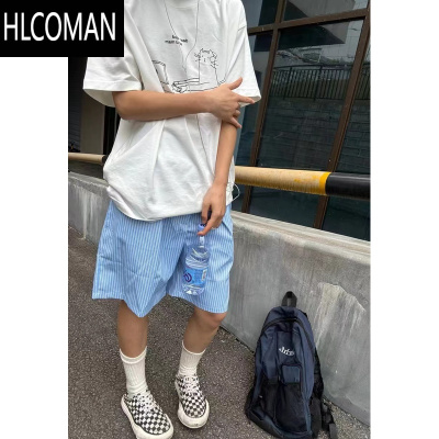 HLCOMAN美式街头条纹蓝色休闲短裤男夏季潮流宽松速干透气抽绳沙滩五分裤