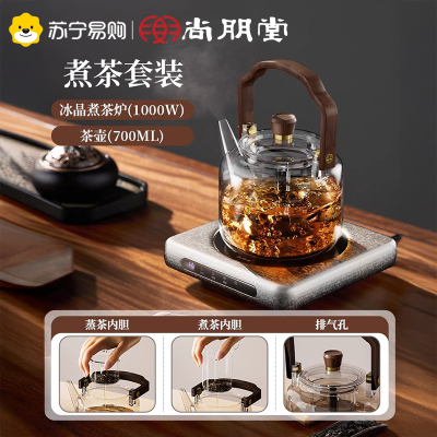 尚朋堂电陶炉煮茶壶玻璃烧水壶围炉煮茶器养生壶2025新款泡茶专用墨银-条纹壶+蒸煮茶漏套装