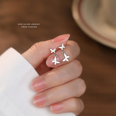 云小舒森系甜美气质s999纯银蝴蝶耳钉女优雅百搭耳坠学生足银首饰送女朋友老婆情人节七夕生日礼物