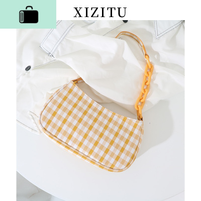格子腋下包 夏天小包包小清新亚克力链条包百搭尼龙布单肩法棍包NEW LAKE女士单肩包