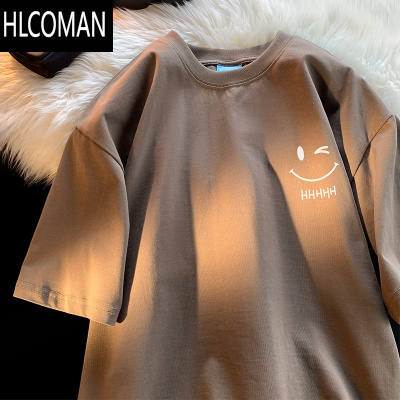 HLCOMAN夏季笑脸短袖t恤男款潮牌2025新款男士宽松白色印花半袖衣服