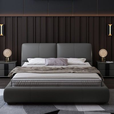 北欧轻奢真皮床 北欧皮床 意大利极简双人床主卧软床 婚床实木床