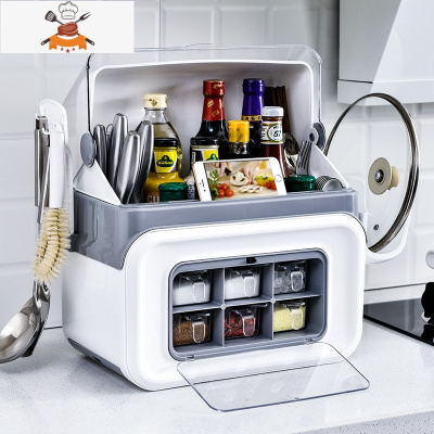 厨房置物架刀架调味瓶调料架子多功能器用品家用大全筷子收纳盒 敬平 2020豪华款带盖款灰[调料架+锅盖架+刀架刀具架