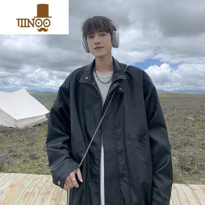 YANXU棕色皮衣外套男美式复古潮牌痞帅感休闲宽松飞行员夹克