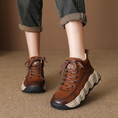 头层牛皮高帮鞋女秋季新款复古厚底短靴圆头真皮运动休闲鞋女
