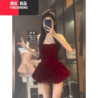 YIBUSHENG微胖红色重工抹胸连衣裙女甜辣妹收腰短裙裤风情万种抹胸生日礼服