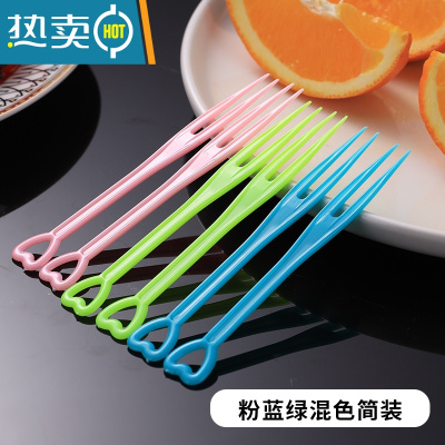 敬平3000支装水果叉签KTV小吃果插塑料单独立包装小叉子透明叉 心形叉蓝+绿+粉[3000支]简装 长度9c牙签