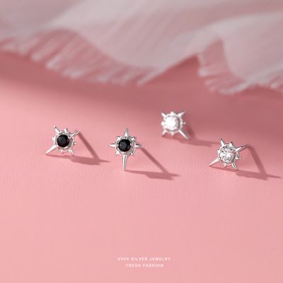 s999足银八芒星耳钉女时尚轻奢星星耳饰小众黑与白镶嵌锆石养耳洞送女朋友老婆情人节七夕生日礼物