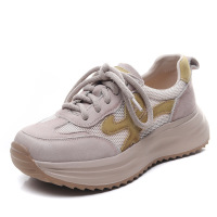 头层牛皮拼色单鞋女2025春季新款厚底休闲透气网面阿甘鞋德训鞋