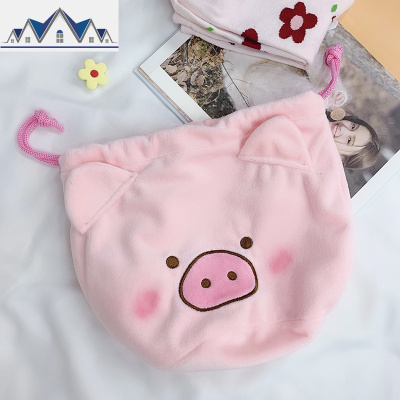 可爱毛绒小猪鼻子屁股束口袋少女抽绳收纳袋挂件零钱包便携化妆包 三维工匠收纳包