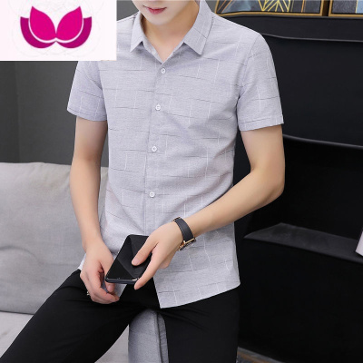 七斓夏薄款休闲短袖衬衫男韩版潮流男士商务印花半袖衬衣帅气寸衫上衣