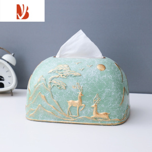 三维工匠抽纸巾盒家居装饰新中式轻奢现代简约客餐厅家用桌面创意陶瓷摆件 白纱翡翠