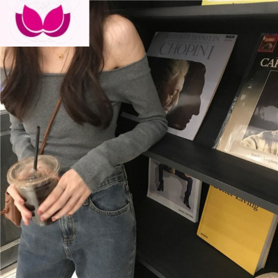 七斓漏锁骨一字肩黑色打底衫女内搭新款长袖小众t恤露肩显瘦上衣