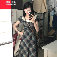 YIBUSHENG2024新款韩系学院风格纹连衣裙子女季小个子泡泡袖收腰a字长裙