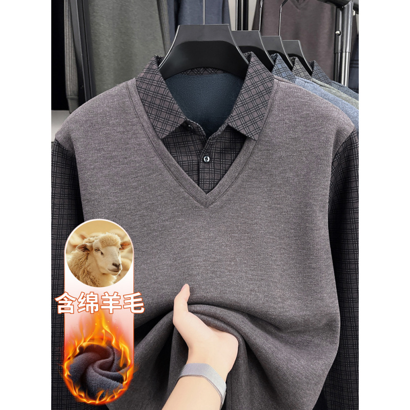 男士加绒打底衫冬季加厚保暖T恤简约假两件一体绒中年翻领保暖衣