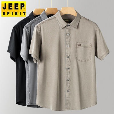 JEEP SPIRIT夏季男士翻领衬衫宽松纯色时尚天丝上衣