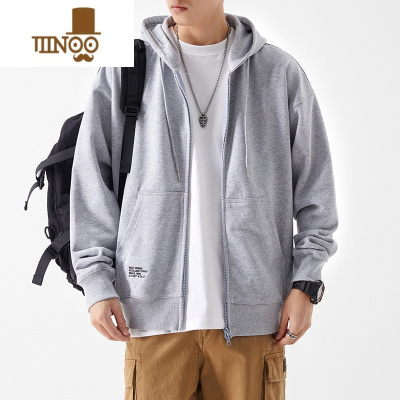 YANXU连帽卫衣男生初秋日系灰色简约开衫情侣休闲拉链刺绣上衣男