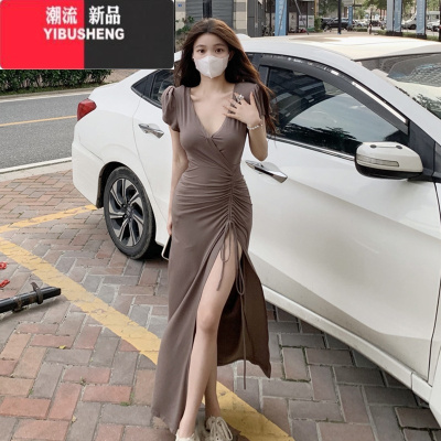 YIBUSHENG性感V领抽绳开叉短袖连衣裙女气质修身显瘦小个子过膝包臀长裙