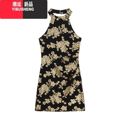 YIBUSHENG复古黑色烫金挂脖连衣裙女季新中式紧身短裙显身材收腰包臀裙子