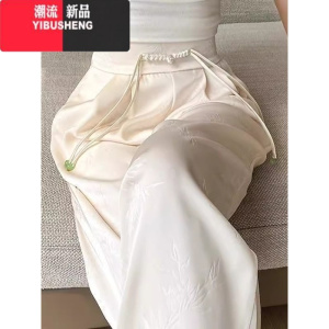 YIBUSHENG高端冰丝醋酸缎面提花裤子女薄阔腿裤新中式国风休闲裤小个子