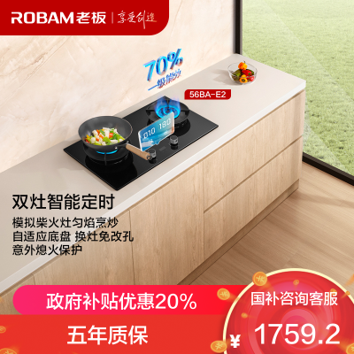 老板[双边定时]56BA-E2液化气燃气灶4.8kW火力 68%热效率以旧换新家电国家补贴嵌入式灶具一级能效 液化气