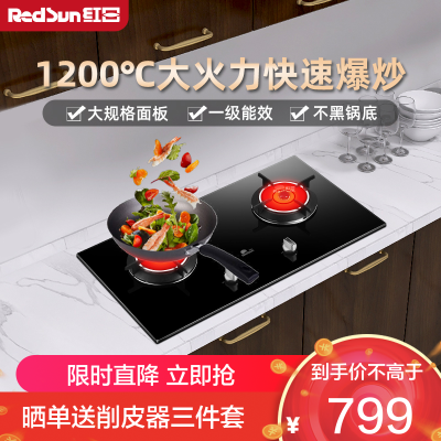 红日(RedSun)红外线燃气灶家用双灶台嵌两用节能大火力一级能效煤气灶炉灶EM308BP 液化气