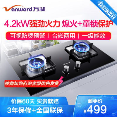 万和(Vanward)液化气燃气灶JZY-C3L560台式嵌入式煤气灶4.2kW大火力钢化玻璃面板双灶一级能效