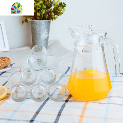 创意玻璃鸭嘴壶家用凉水壶冷水壶透明花茶壶果汁瓶凉水杯凉壶套装 FENGHOU 1个竖纹壶+6个高直身杯