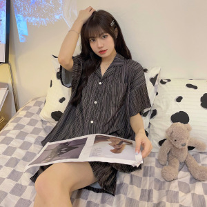 睡衣女夏季冰丝短袖短裤薄款2026条纹卡通印花宽松大码可外穿家居_1