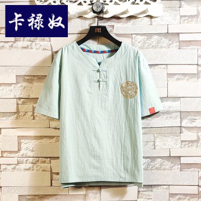 卡禄奴2021中国风短袖T恤衫男夏季薄款休闲盘扣复古男士v领国潮刺绣汉服上衣