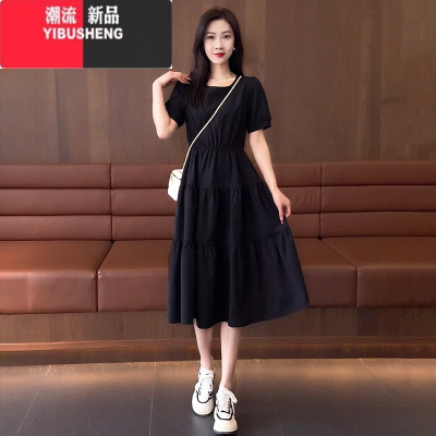 YIBUSHENG法式气质连衣裙女季休闲温柔风黑色收腰显瘦长裙子2024新款短袖