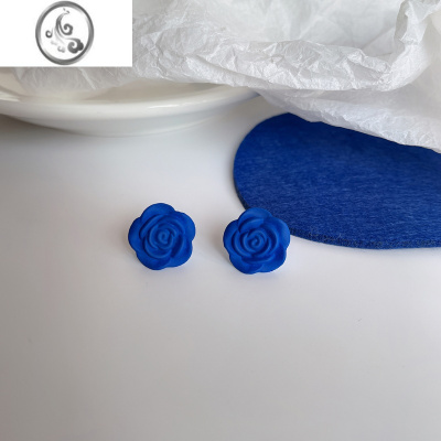 JiMi克莱因蓝花朵少女耳钉高级感气质复古耳环韩系网红耳饰小众耳夹女