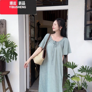 YIBUSHENG新款气质棉绸连衣裙女季时尚大码人造棉印花裙子薄款沙滩长裙