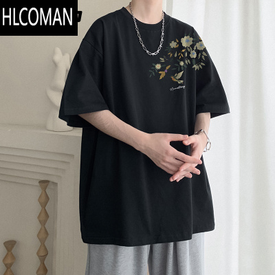 HLCOMAN酒红色新中式花卉潮牌短袖t恤男女夏季设计感圆领休闲上衣