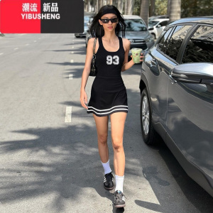 YIBUSHENG## 美式街头棒球服字母印花运动休闲吊带裙女 A字连衣裙潮