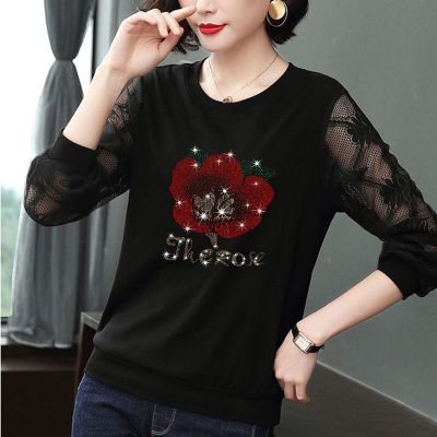 恋名媛棉长袖t恤女秋季新款镶钻大码宽松上衣遮肚小衫蕾丝拼接打底衫大码女装