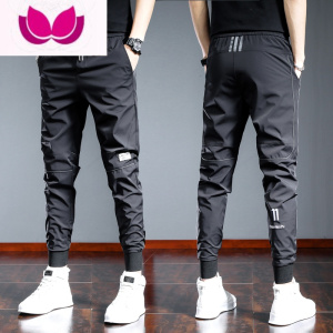 七斓夏季薄款休闲裤男松紧腰黑色运动宽松大码韩版潮流百搭弹力束脚裤