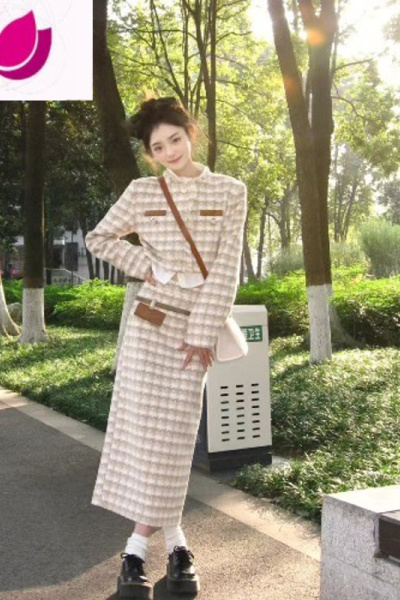 七斓冬季富家千金套装裙成套搭配减龄小香风千鸟格外套半身裙套女