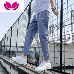 七斓浅色九分束脚牛仔裤男夏季薄款宽松休闲裤子高街ins潮牌2022新款