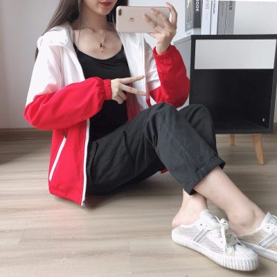 珂卡慕(KEKAMU)外套女士春季运动上衣薄款显瘦拼色夹克衫学生风衣大码班服定制红白拼色ZY832S